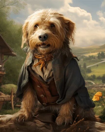 A small, scruffy dog wears medieval-style attire—vest and cloak—sitting outdoors with a rural village and green hills behind, as seen on the Hobbit Pet Portrait – Custom Design Pet Canvas.