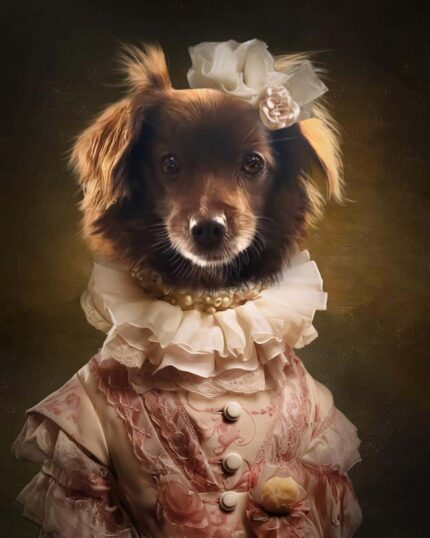 Uzun kulaklı küçük kahverengi bir köpek, koyu renkli bir arka plan üzerinde "Sophisticated Lady – Custom Design Pet Canvas"da yer alan, fırfırlı, incili ve çiçekli fiyonklu, vintage tarzı pembe ve beyaz dantel bir elbise giyiyor.