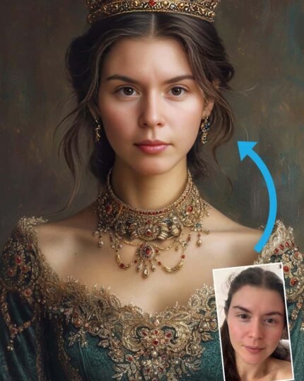 A young woman in an ornate green dress and jeweled crown poses regally. An arrow points to an inset photo of her without makeup, highlighting a transformation as stunning as our Choose Your Theme - Single Portrait artwork.