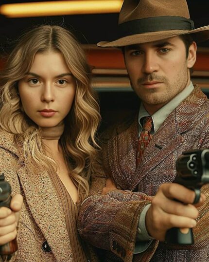 A woman and a man in vintage attire pose with old-fashioned pistols before a classic car—ideal inspiration for a Choose Your Theme - Single Portrait custom canvas, perfect for unique or pet-themed artwork.