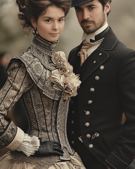 A woman and man in elaborate Victorian-era attire pose outdoors, creating a striking look—perfect for "Choose Your Theme - Single Portrait" canvas printing to capture their detailed outfits and direct gaze.