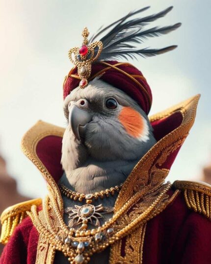 The Sultan Parrot – Custom Design Pet Canvas features a regal cockatiel in a jeweled crown and ornate robes, making it the perfect choice for unique pet canvas printing or personalized decor.