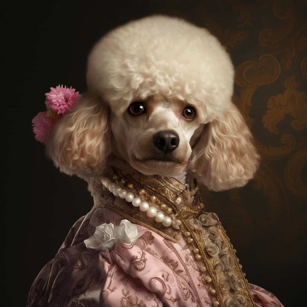 The Renaissance Poodle – Custom Design Pet Canvas Features A White Poodle In Vintage Lace, Pearls, And Pink Flowers, Posed Formally Against A Dark Ornate Background For Unique Portrait Art. The Renaissance Poodle – Custom Design Pet Canvas features a white poodle in vintage lace, pearls, and pink flowers, posed formally against a dark ornate background for unique portrait art.