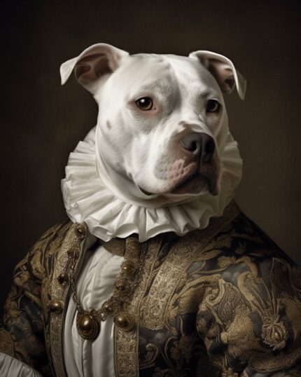 The Antique Lady Pitbull – Custom Design Pet Canvas features a white pit bull in a gold-embroidered Renaissance costume and ruffled collar, posed against a dark background for unique, classical-style canvas printing.