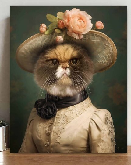 Vintage kıyafetler ve pembe çiçeklerle süslenmiş şık bir şapka giymiş, heybetli bakışlı bir golden retriever portresi, koyu yeşil bir arka plan üzerinde yer alıyor. Golden Retriever'ın Glorious Gaze özel tasarımlı evcil hayvan kanvas tablosu için mükemmel bir seçim.