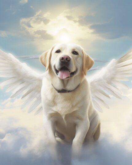 Capture your beloved pet with the "Standing Happy Angel – Custom Design Pet Canvas," featuring a golden retriever with angel wings among clouds and sunlight, creating a heavenly, serene tribute to cherish forever.
