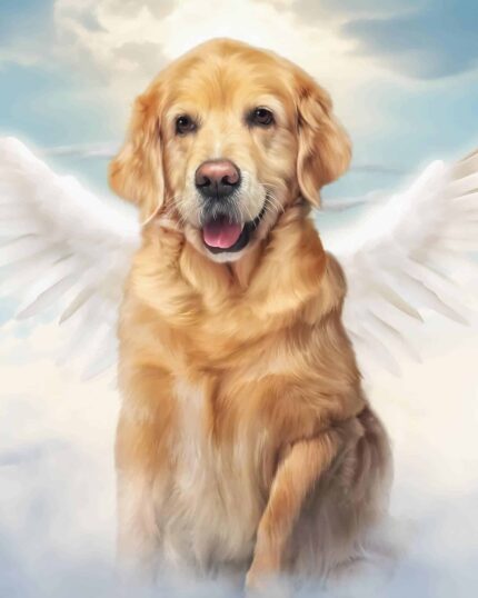 Capture the joy of your furry friend with the Standing Happy Angel – Custom Design Pet Canvas, featuring a golden retriever with angel wings among clouds and a light blue sky, perfect for cherishing your pet forever.