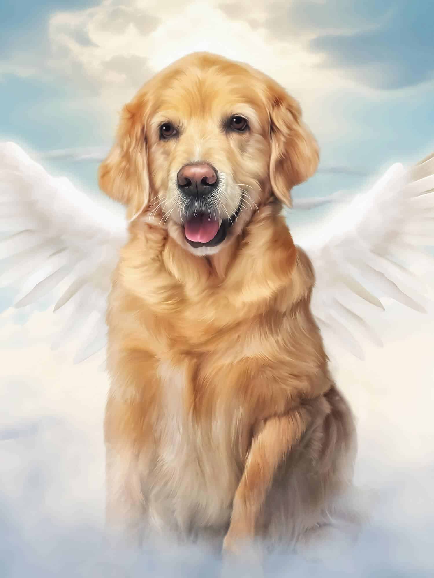 Capture The Joy Of Your Furry Friend With The Standing Happy Angel – Custom Design Pet Canvas, Featuring A Golden Retriever With Angel Wings Among Clouds And A Light Blue Sky, Perfect For Cherishing Your Pet Forever. Capture the joy of your furry friend with the Standing Happy Angel – Custom Design Pet Canvas, featuring a golden retriever with angel wings among clouds and a light blue sky, perfect for cherishing your pet forever.
