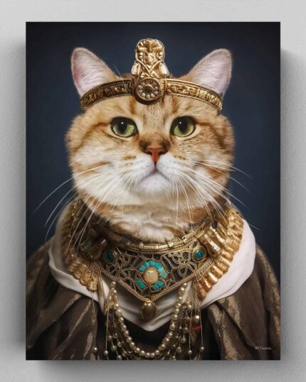 The Pharoah – Custom Design Pet Canvas features a tabby cat in royal attire, adorned with a gold jeweled crown and necklace with pearls and turquoise, set against a dark blue background—ideal for showcasing your pet regally.