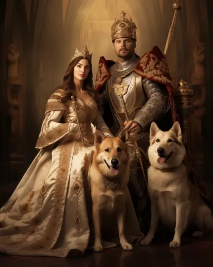 Showcase your pets as royalty with "The Royal Family of Four - Custom Design Pet Canvas," featuring two large dogs seated before a king and queen in ornate gold and white medieval attire in a grand, majestic hall.