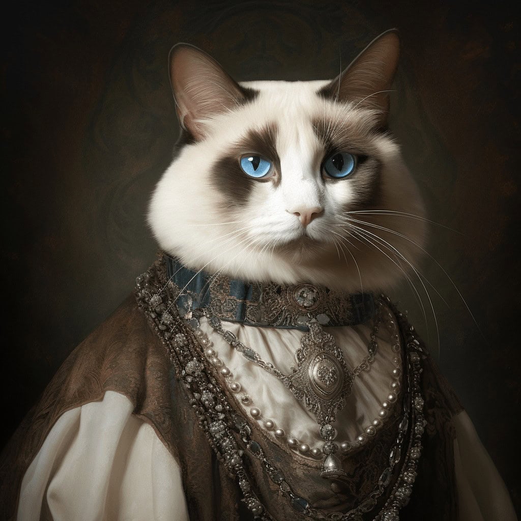 Mavi gözleri ve koyu renkli desenleri olan bir Snowshoe kedisi, eski bir dönemin kraliyet ailesini andıran vintage kıyafetler ve süslü takılarla giydirilmiş. Bu görüntü, The Regal Snowshoe – Custom Design Pet Canvas'ta mükemmel bir şekilde yakalanmış.