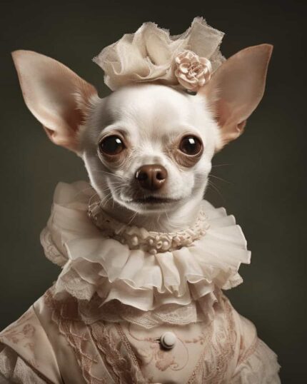 Vintage kıyafetler giymiş, fırfırlı yakalı ve çiçekli şapkalı küçük beyaz bir chihuahua, koyu renkli bir arka planın önünde oturuyor — Sofistike Kadın – Özel Tasarım Evcil Hayvan Tuvaline mükemmel bir ilham kaynağı.