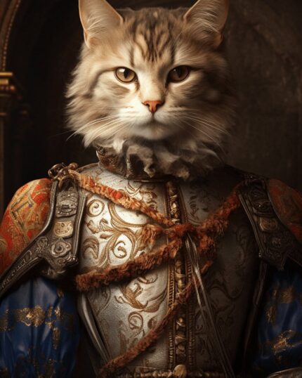 A majestic long-haired cat in ornate medieval armor with gold patterns and blue sleeves is set against a dark background—the perfect choice for fans of unique royal portraits with The Medieval Knight– Custom Design Pet Canvas.