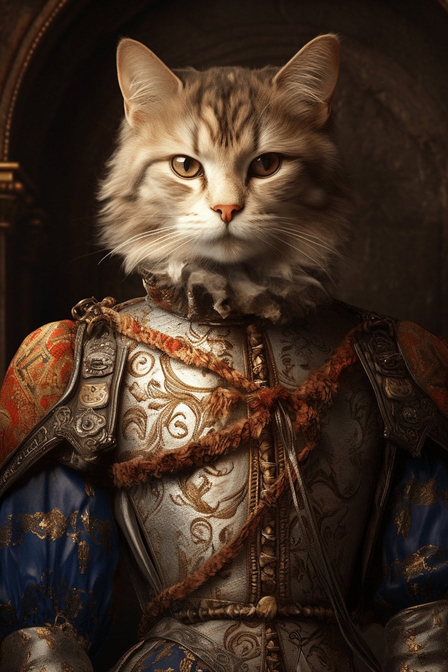 A majestic long-haired cat in ornate medieval armor with gold patterns and blue sleeves is set against a dark background—the perfect choice for fans of unique royal portraits with The Medieval Knight– Custom Design Pet Canvas.
