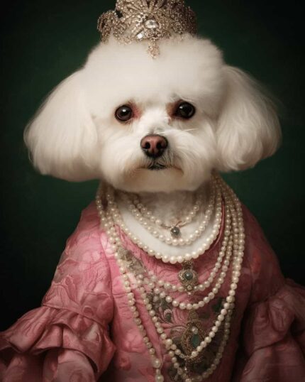 Transform your pet into royalty with "The Pink Victorian Lady – Custom Design Pet Canvas," featuring a small white dog in a pink, ornate dress, jeweled crown, and pearls against a dark green background.