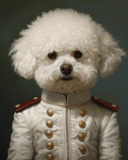 Transform your pet into regal art with The Regal Bichon Fris - Custom Design Pet Canvas, featuring a fluffy white dog in an ornate white military-style jacket with gold buttons and red accents against a dark backdrop.