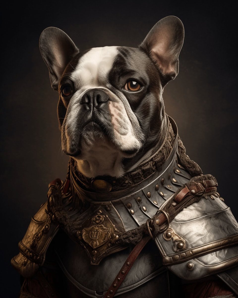 The Guardian Knight– Custom Design Pet Canvas features a French Bulldog in medieval knight armor with a serious expression, set against a dark studio background—perfect for unique home décor or canvas printing.