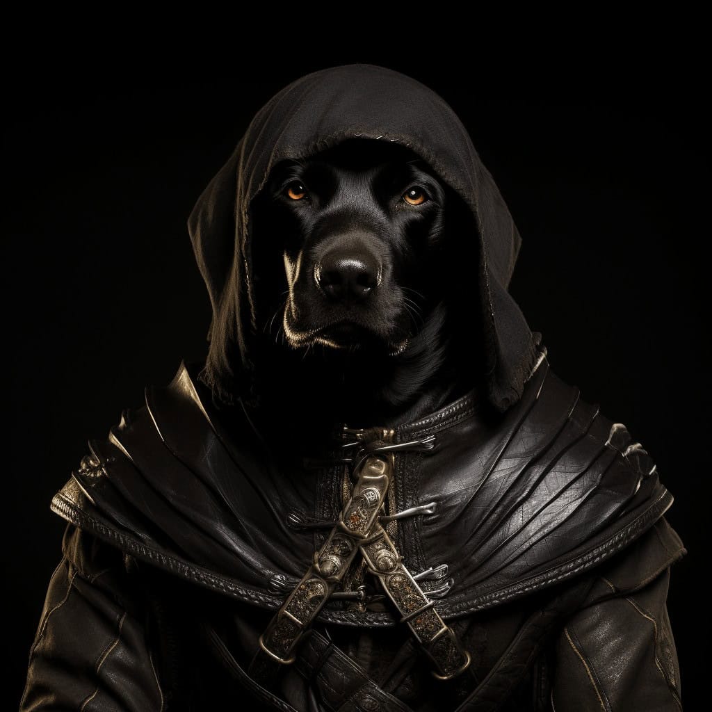 Showcase your pet's knight-like presence with the Mortal Combat – Custom Design Pet Canvas, featuring a black dog in a hooded medieval leather cloak with ornate clasps, captured nobly against a dark background.