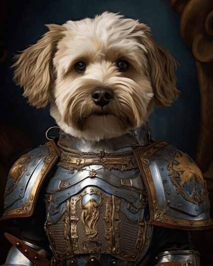 Presenting "The Military Knight – Custom Design Pet Canvas": a fluffy light brown dog in detailed medieval knight armor with a lion emblem, set against a dark, classical backdrop—an ornate, regal canvas perfect for unique pet portraits.