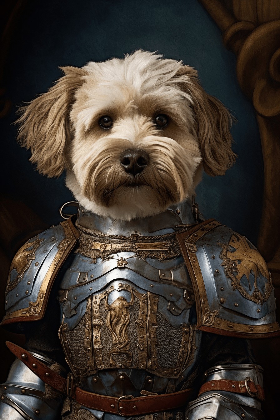 Presenting "The Military Knight – Custom Design Pet Canvas": a fluffy light brown dog in detailed medieval knight armor with a lion emblem, set against a dark, classical backdrop—an ornate, regal canvas perfect for unique pet portraits.