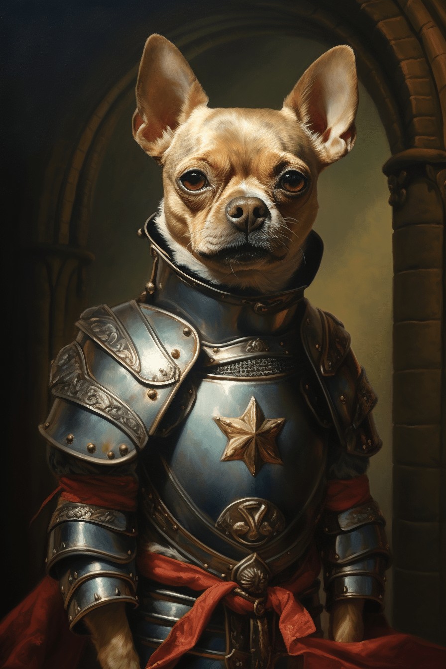 A small dog in ornate knight armor with a star chest emblem stands before stone arches in a regal, dimly lit scene—perfect inspiration for "The Antique Knight – Custom Design Pet Canvas.