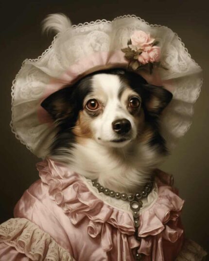 Pembe Viktorya tarzı elbise, dantel şapka ve inci kolye takmış küçük bir köpek, nötr bir arka plan üzerinde poz veriyor — "Antika Hanımefendi – Özel Tasarım Evcil Hayvan Tuval" için mükemmel bir seçim.