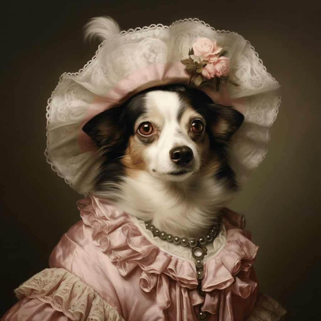 A small dog in a pink Victorian-style dress, lace bonnet, and pearl necklace poses on a neutral background—perfect as "The Antique Lady – Custom Design Pet Canvas.