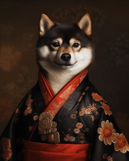 Showcase your pet as The Geisha on a custom canvas featuring a Shiba Inu in a black and red kimono with gold floral patterns, set against a dark floral background—an elegant and unique addition to your home décor.