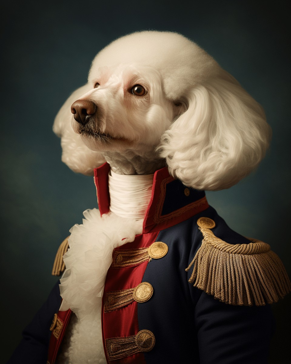 A white poodle in a historical military uniform with gold buttons, red trim, and a shoulder epaulet poses against a dark background—perfect for the George Washington #2 – Custom Design Pet Canvas.