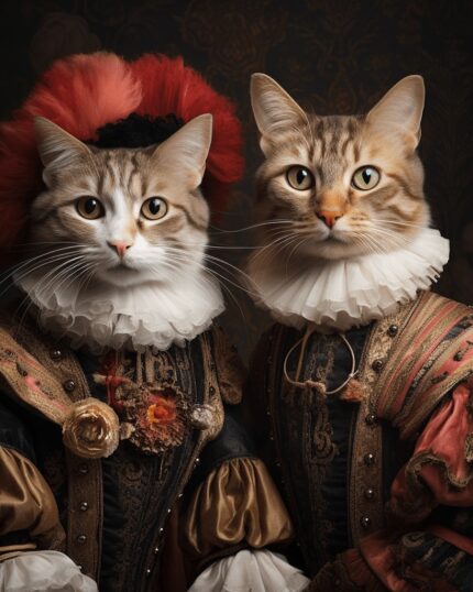 Showcase your pets’ dignity with The Regal Couple #30 - Antique Cats - Custom Pet Canvas: two cats in Renaissance costumes, posing regally on a dark floral background. Exquisite canvas printing for a truly charming custom design.