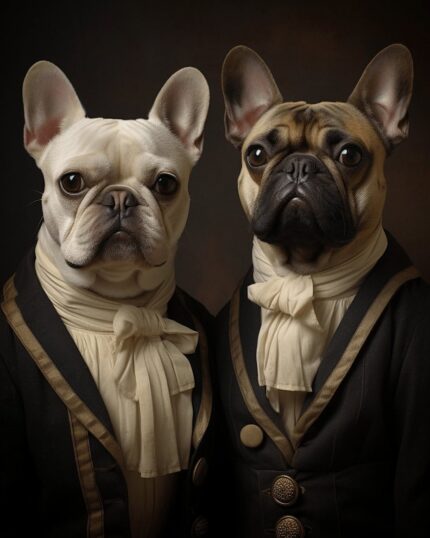 The Regal Couple #27 - American Gothic Duo: Two French bulldogs in vintage jackets and cravats, side by side on a dark background—ideal for a custom pet canvas or unique décor.