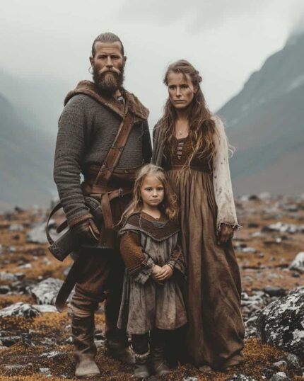 A man, woman, and young girl in medieval attire pose in a rocky landscape under cloudy skies—ideal inspiration for your "Choose Your Theme - Single Portrait" custom pet canvas.