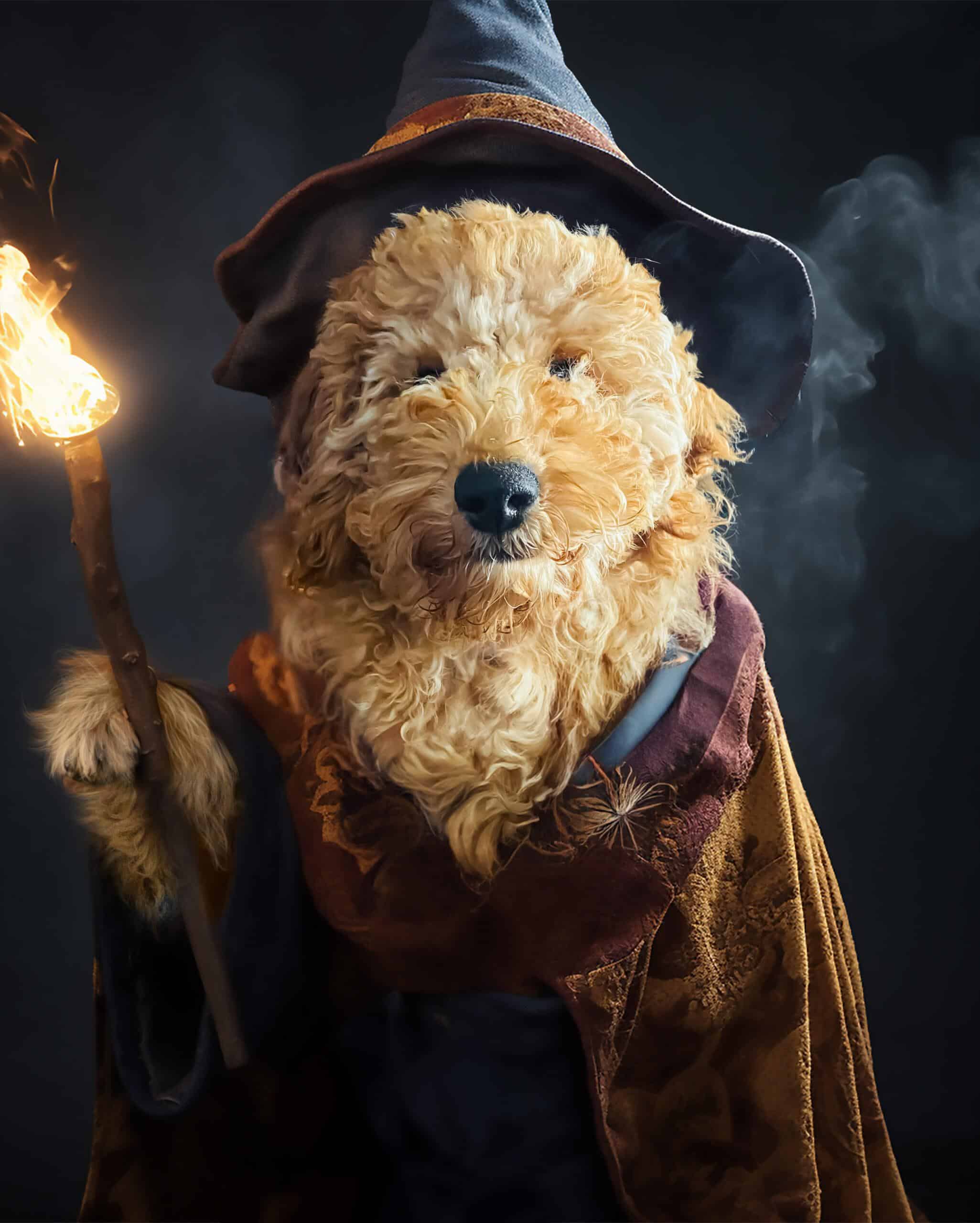 A Fluffy Dog Dressed As A Wizard With A Pointed Hat And Cloak, Holding A Glowing Staff Among Smoky Wisps—A Magical Scene Featured On The Wizard Gandalf – Custom Design Pet Canvas, Perfect For Unique Pet Canvas Printing. A fluffy dog dressed as a wizard with a pointed hat and cloak, holding a glowing staff among smoky wisps—a magical scene featured on The Wizard Gandalf – Custom Design Pet Canvas, perfect for unique pet canvas printing.