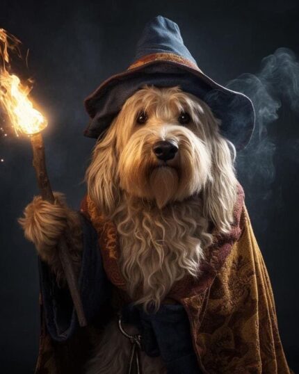 The Wizard Gandalf – Custom Design Pet Canvas features a shaggy dog as a wizard in a blue hat and cloak, holding a flaming staff with swirling smoke—ideal for custom pet portrait prints.