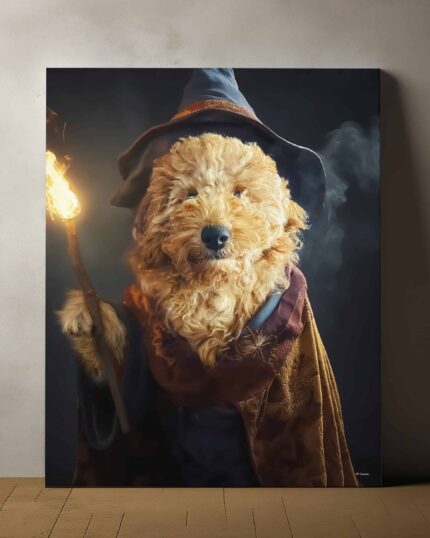 The Wizard Gandalf – Custom Design Pet Canvas features your pet as a fluffy dog in a wizard hat and cloak with a glowing staff, set against a dark background—perfect for whimsical canvas printing.