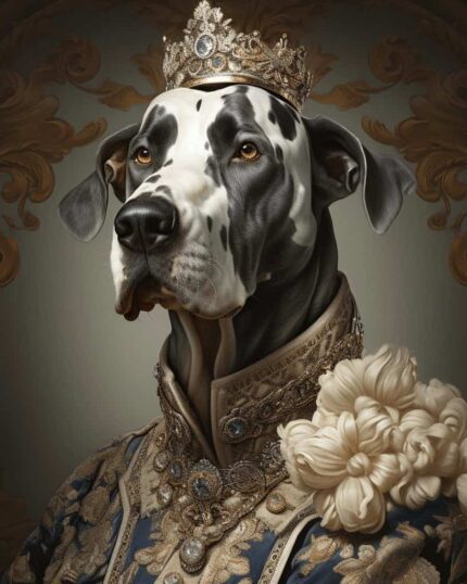 A majestic Great Dane in royal attire with jewels and white flowers is featured on the Rococo Style King Portrait – Custom Design Pet Canvas, set against an elegant, decorative background.