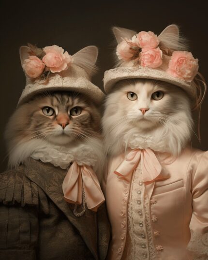 Two cats in vintage outfits—a ruffled suit and a pink floral dress—sit side by side on a dark background, as seen in The Fabulous Couple #32 - Custom Pet Canvas, perfect for your own unique pet portrait.