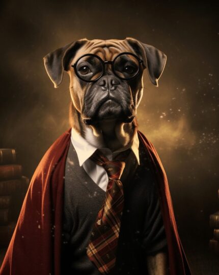 A boxer dressed in Gryffindor style with round glasses, a red cloak, white shirt, and striped tie sits before old books—capture this magical moment with The Boxer in Gryffindor - Custom Harry Potter Pet Canvas.