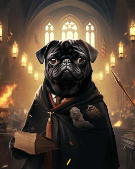 The Magical Pugwarts - Custom Design Harry Potter Pet Canvas features a black pug in wizard robes holding a book in a glowing gothic hall, capturing dramatic fantasy charm for the perfect magical pet portrait.