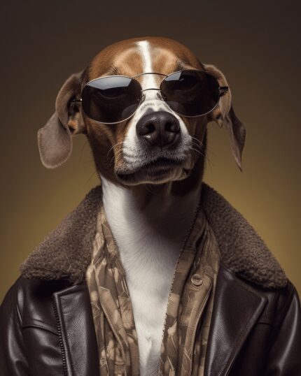 Show off your pet’s unique personality with the Snoop Dog – Custom Design Pet Canvas, featuring a dog in aviator sunglasses, a brown leather jacket, and a patterned scarf striking a confident pose against a neutral background.