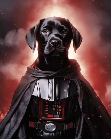 A black Labrador dressed as Darth Vader stands before a smoky, glowing red backdrop, creating a dramatic sci-fi vibe—ideal for the Darth Vader – Custom Design Pet Canvas.