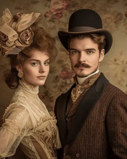 A woman and man in Victorian outfits pose together—a lace dress and floral hat, a dark suit with cravat and top hat—capturing vintage charm like the "Choose Your Theme - Single Portrait" custom pet canvas.