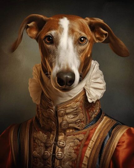 The Aristocratic Greyhound - Custom Antique Pet Portrait features your greyhound in a regal, historical outfit with a ruffled collar against a classic backdrop, creating the perfect royal-inspired custom pet canvas.
