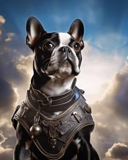 A Boston Terrier in an ornate, steampunk harness sits proudly against a dramatic sky on "The Roman Gladiator – Custom Design Pet Canvas"—a stunning choice for unique canvas printing.