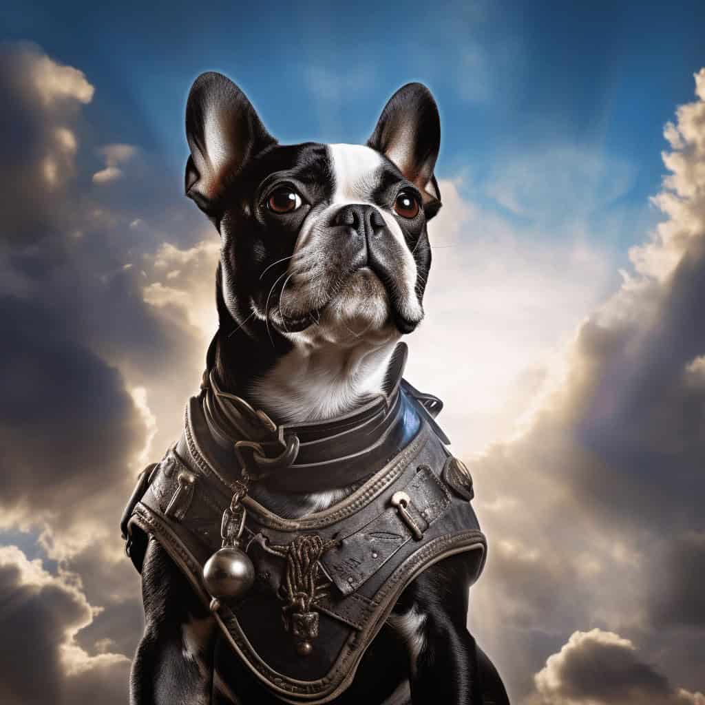 A Boston Terrier in an ornate, steampunk harness sits proudly against a dramatic sky on "The Roman Gladiator – Custom Design Pet Canvas"—a stunning choice for unique canvas printing.