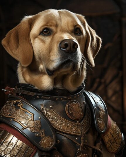 A golden Labrador in ornate medieval armor with intricate gold detailing is set against a dramatic background—perfect for the Roman Warrior – Custom Design Pet Canvas to honor your heroic companion with unique canvas printing.