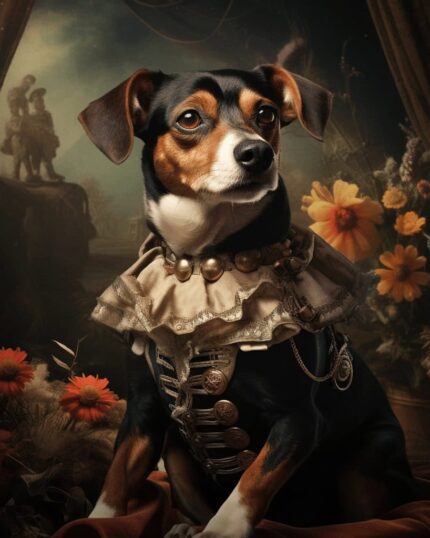 Transform your pet into royalty with the Romantic Renaissance Painting – Custom Pet Canvas, featuring a small dog in a vintage ruffled collar and pearls amid flowers and a classical backdrop for an elegant, regal portrait.