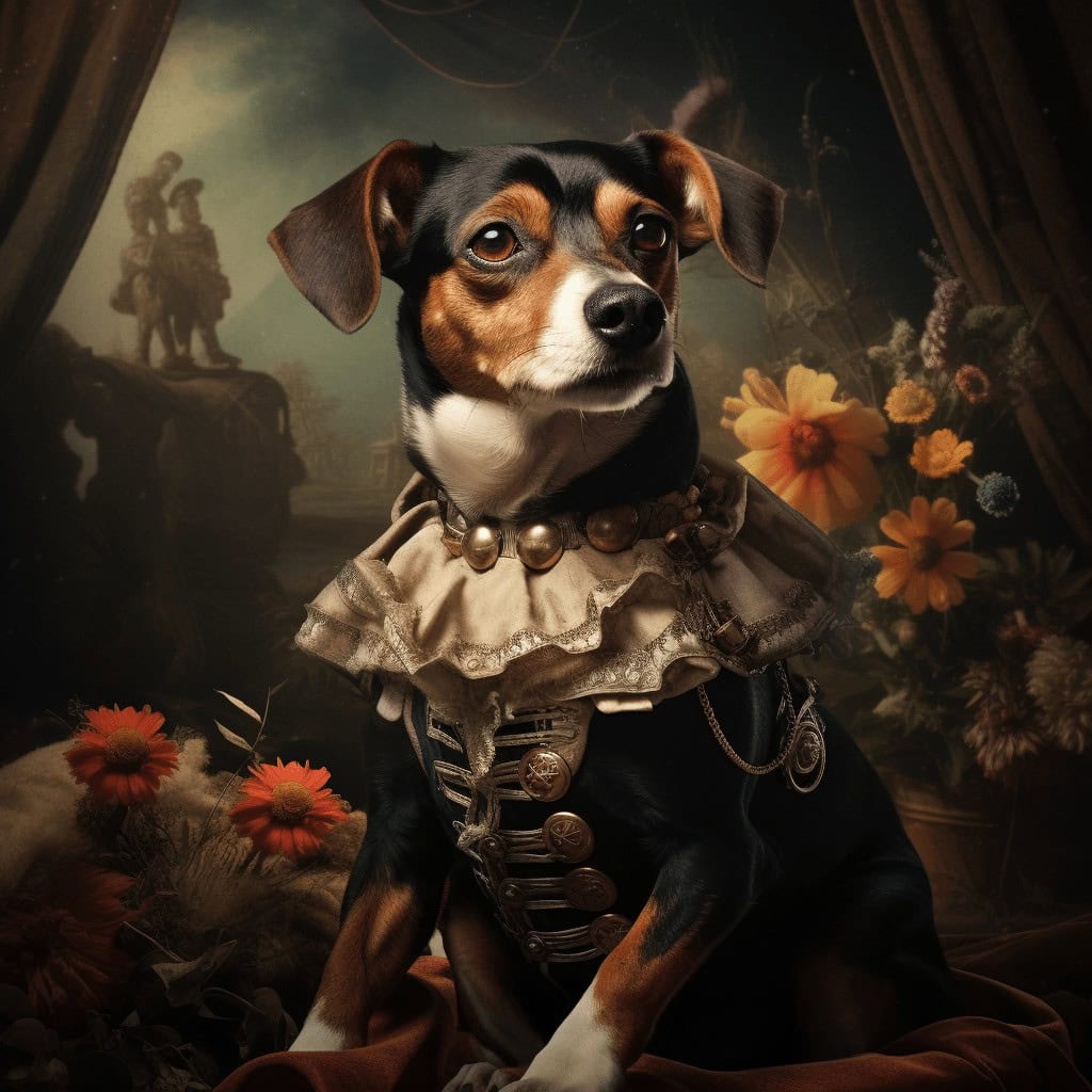 Transform your pet into royalty with the Romantic Renaissance Painting – Custom Pet Canvas, featuring a small dog in a vintage ruffled collar and pearls amid flowers and a classical backdrop for an elegant, regal portrait.