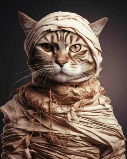 A tabby cat, wrapped in torn beige cloth like a mummy with just its face and paws showing against a dark backdrop, is featured on "The Cute Mummy – Custom Design Pet Canvas.