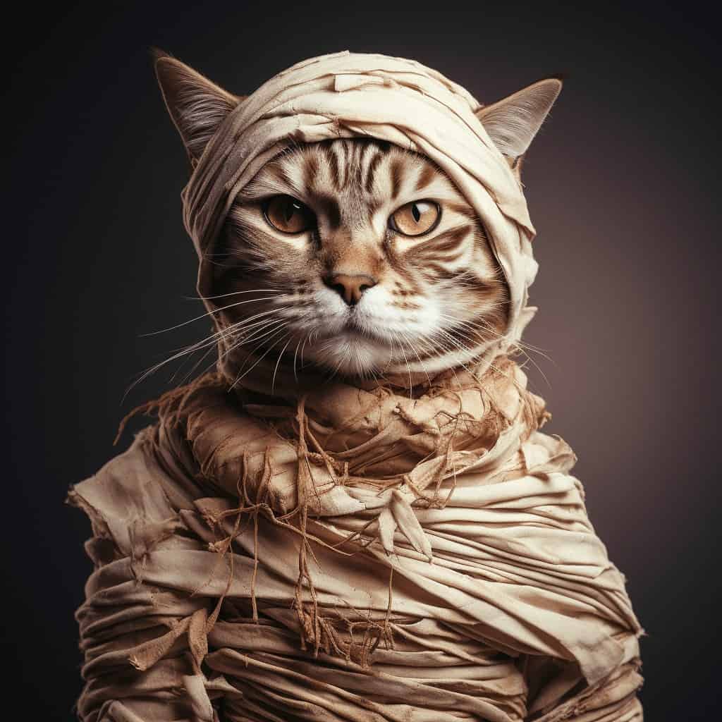A tabby cat, wrapped in torn beige cloth like a mummy with just its face and paws showing against a dark backdrop, is featured on "The Cute Mummy – Custom Design Pet Canvas.